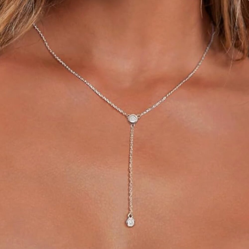 Y-shaped Silver Necklace w/CZ